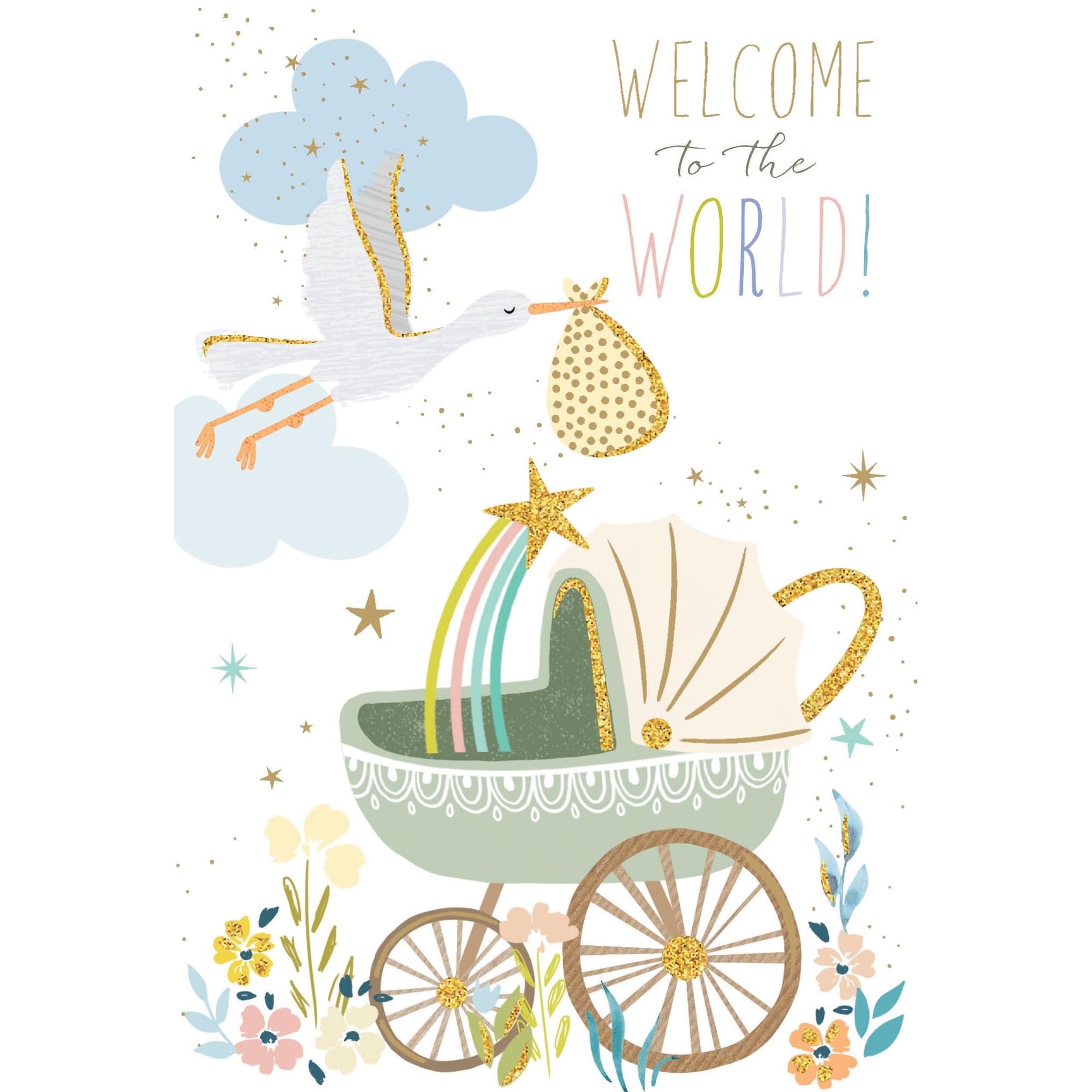 Pictura Stork and Stroller Baby Card from the Everyday Cards collection, featuring a colorful illustration of a stork carrying a baby bundle.